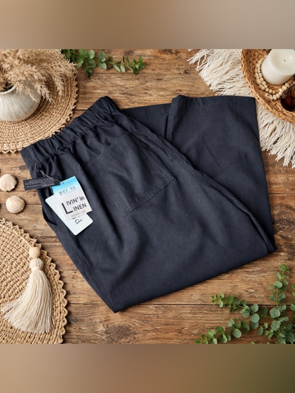 Per Se Women’s 1X Black Linen Blend Capri Pants Livin In Linen Pull On NWT